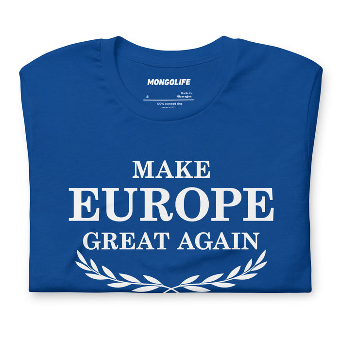front of royal blue MEGA make europe great again t shirt laurel wreath pro eu shirt