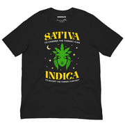 black sativa indica t shirt with green cannabis leaf goddess crescent moon funny stoner serenity prayer tee