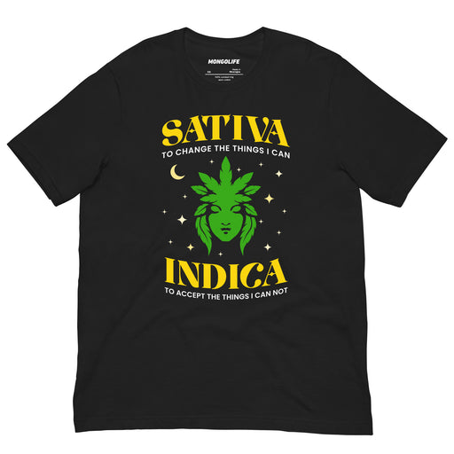 black sativa indica t shirt with green cannabis leaf goddess crescent moon funny stoner serenity prayer tee