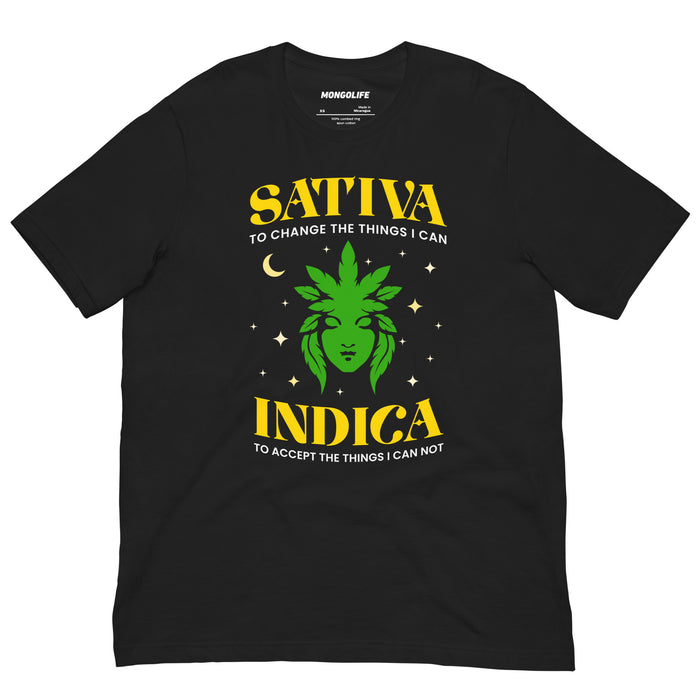 black sativa indica t shirt with green cannabis leaf goddess crescent moon funny stoner serenity prayer tee