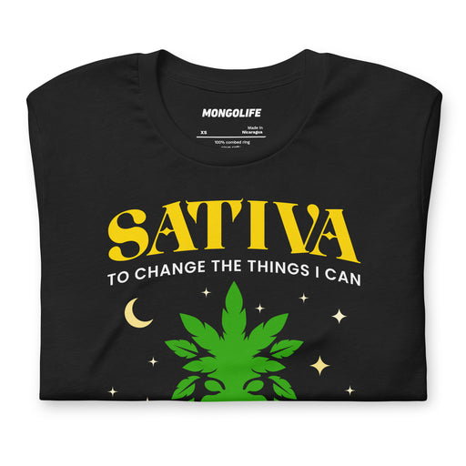 sativa to change indica to accept weed t shirt black green goddess yellow serif funny cannabis tee