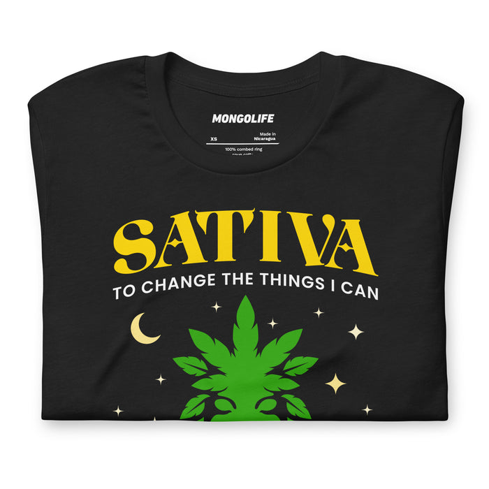 sativa to change indica to accept weed t shirt black green goddess yellow serif funny cannabis tee