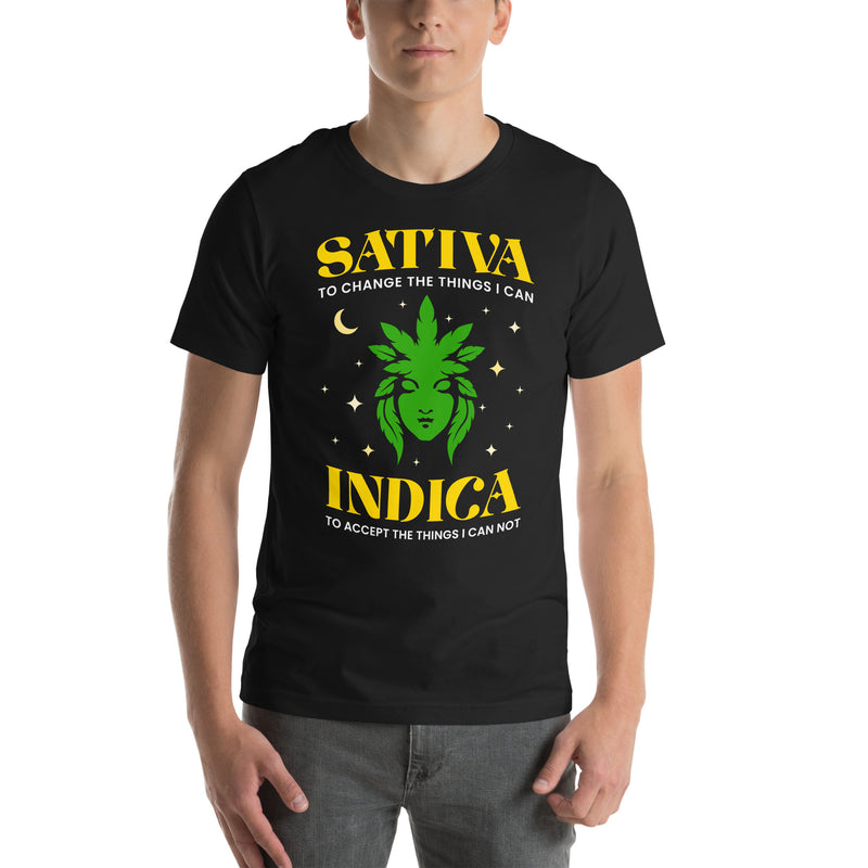 front of black sativa indica serenity prayer t shirt cannabis leaf goddess moon stars stoner tee