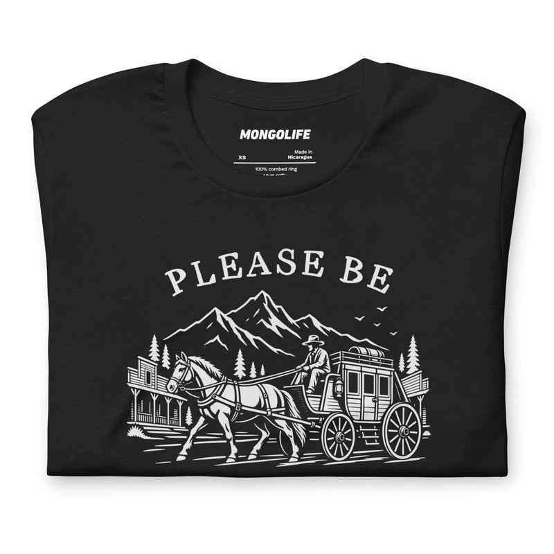 please be patient im from the 1900s black t shirt vintage cowboy stagecoach funny western graphic tee