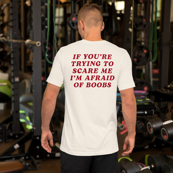 back of vintage white afraid of boobs t shirt bold red serif text funny embarrassing crude tee