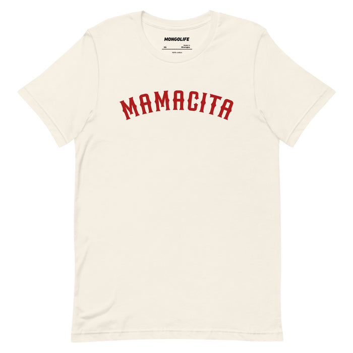vintage white mamacita t shirt red arched varsity type cute spanish statement shirt