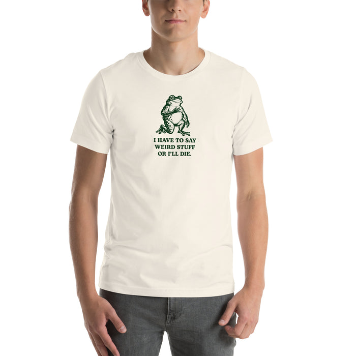 front of vintage white weird stuff frog t shirt green retro frog illustration funny quote tee