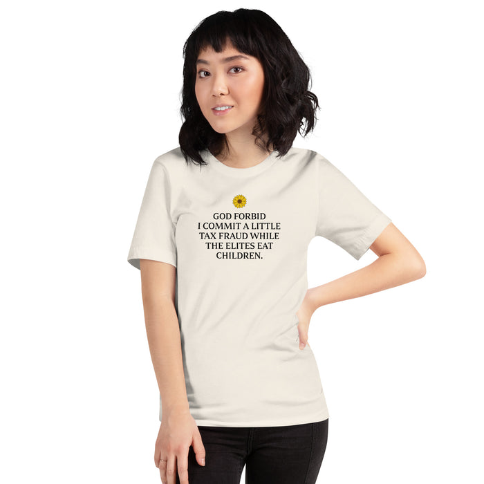 front of vintage white tax fraud elites eat children t shirt sunflower funny political tee