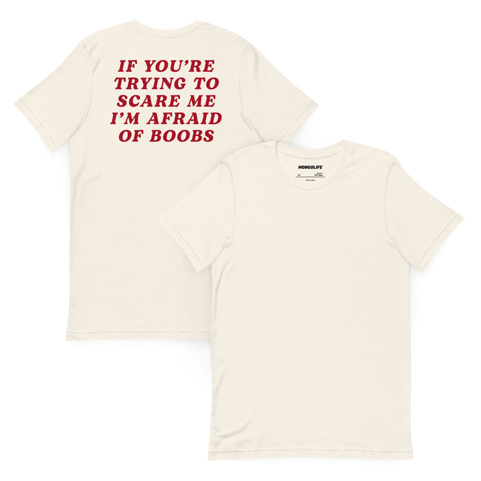 vintage white afraid of boobs t shirt front and back view red back print funny crude quote shirt