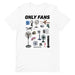 Humorous "Only Fans" t-shirt featuring various types of fans as a parody, available in white.