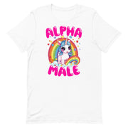 white Men's t-shirt with 'Alpha Male' text, unicorn, and rainbow design.