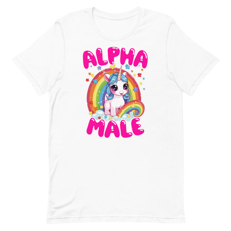 white Men's t-shirt with 'Alpha Male' text, unicorn, and rainbow design.