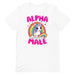 white Men's t-shirt with 'Alpha Male' text, unicorn, and rainbow design.