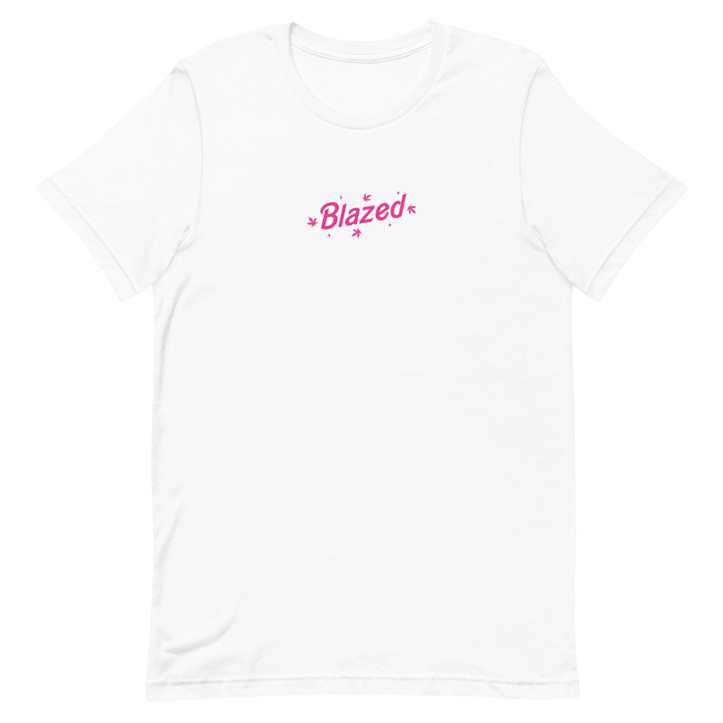 White casual tee with 'Blazed' logo in pink, decorated with stars and cannabis leaves.