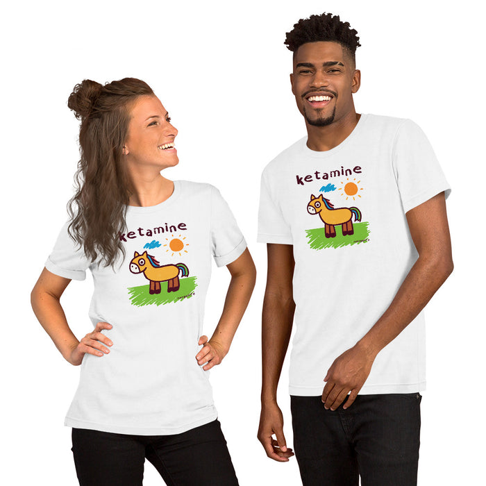 Couple wearing white T-shirts with a cartoon horse drawing and 'ketamine' written in crayon font.