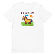 White T-shirt with a cartoon horse drawing and 'ketamine' written in crayon font.