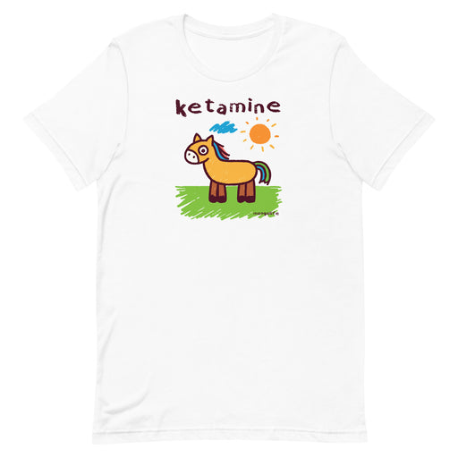 White T-shirt with a cartoon horse drawing and 'ketamine' written in crayon font.