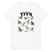 White T-shirt with the design "Get A Load of My Tits" and illustrations of different birds labeled as "tits."