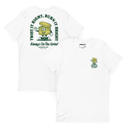 white t-shirt with "Always On The Grind" design, cartoon, vintage, weed