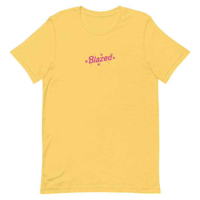 Yellow  casual tee with 'Blazed' logo in pink, decorated with stars and cannabis leaves.