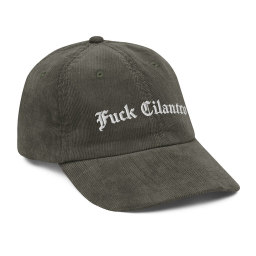right side of olive fuck cilantro corduroy cap funny anti cilantro embroidered hat