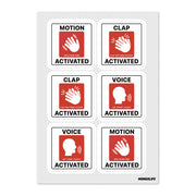 Sticker sheet featuring six square red-and-white prank labels reading “Motion Activated,” “Clap Activated,” and “Voice Activated” in a 2×3 grid on white background.