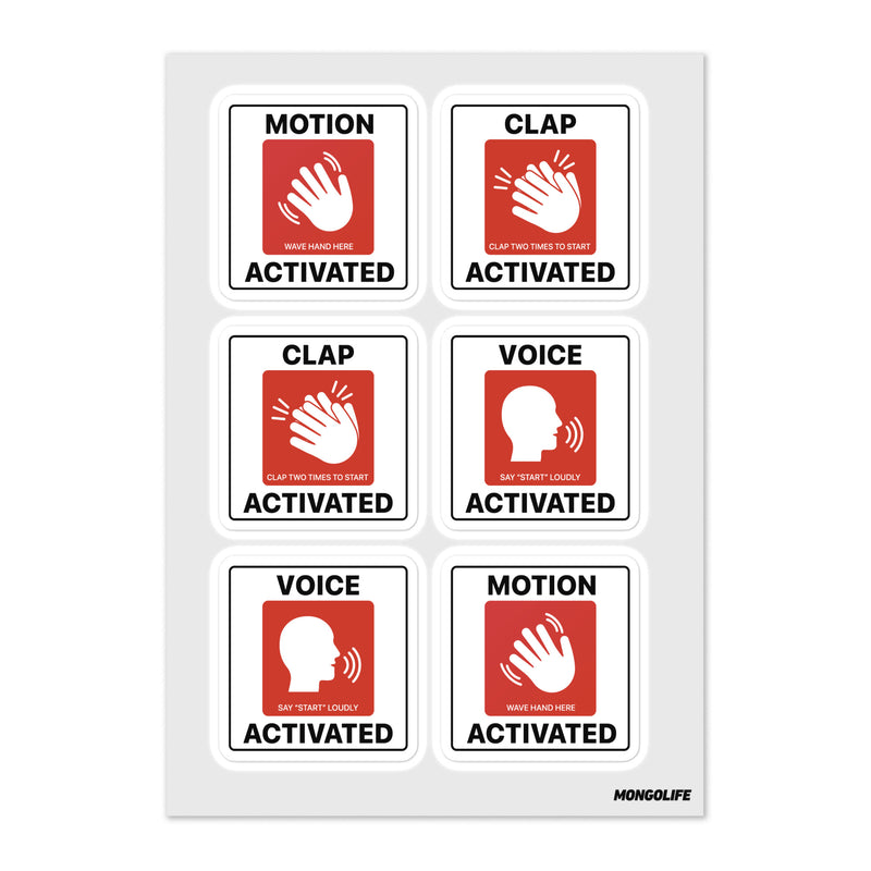 Sticker sheet featuring six square red-and-white prank labels reading “Motion Activated,” “Clap Activated,” and “Voice Activated” in a 2×3 grid on white background.