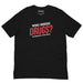 Black Who Needs Drugs? T-shirt featuring bold white and red text for a striking dark humor design.