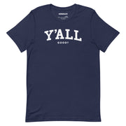 Y'ALL (GOOD?) parody T-shirt in navy featuring bold collegiate-style white lettering, perfect for a humorous Southern twist.
