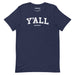 Y'ALL (GOOD?) parody T-shirt in navy featuring bold collegiate-style white lettering, perfect for a humorous Southern twist.