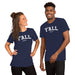 Female and male model wearing the navy Y'ALL (GOOD?) T-shirt, pairing it with casual black jeans for a laid-back look.