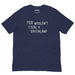 navy shirt with “You Wouldn’t Steal a Greenland” print, laid flat