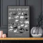 Framed Poster featuring animal silhouettes with funny names like “Danger Noodle,” “Trash Panda,” and “Wizard Cow.”