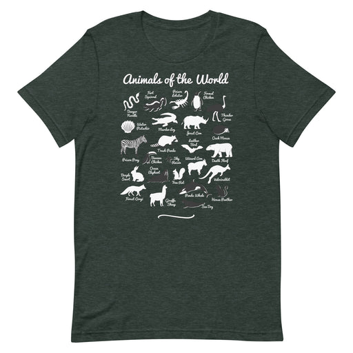 forest green "Animals of the World" t-shirt showcasing amusing nicknames for 25 animals in a comfortable and stylish design.