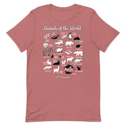"Animals of the World" t-shirt showcasing amusing nicknames for 25 animals in a comfortable and stylish design. Mauve color