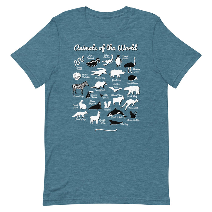 teal blue "Animals of the World" t-shirt showcasing amusing nicknames for 25 animals in a comfortable and stylish design.