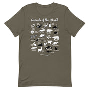 army green "Animals of the World" t-shirt showcasing amusing nicknames for 25 animals in a comfortable and stylish design.