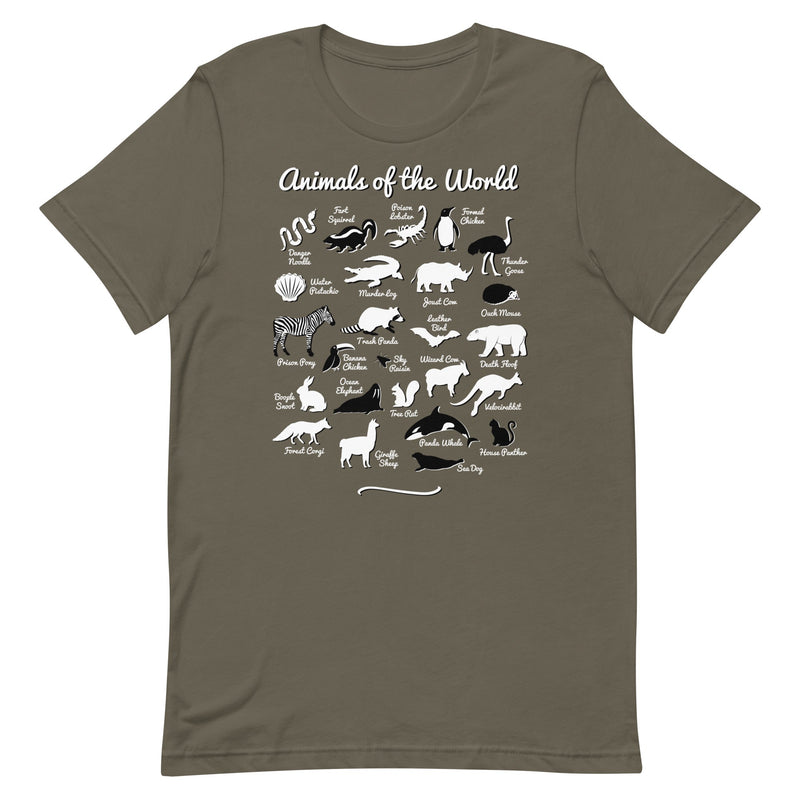 army green "Animals of the World" t-shirt showcasing amusing nicknames for 25 animals in a comfortable and stylish design.