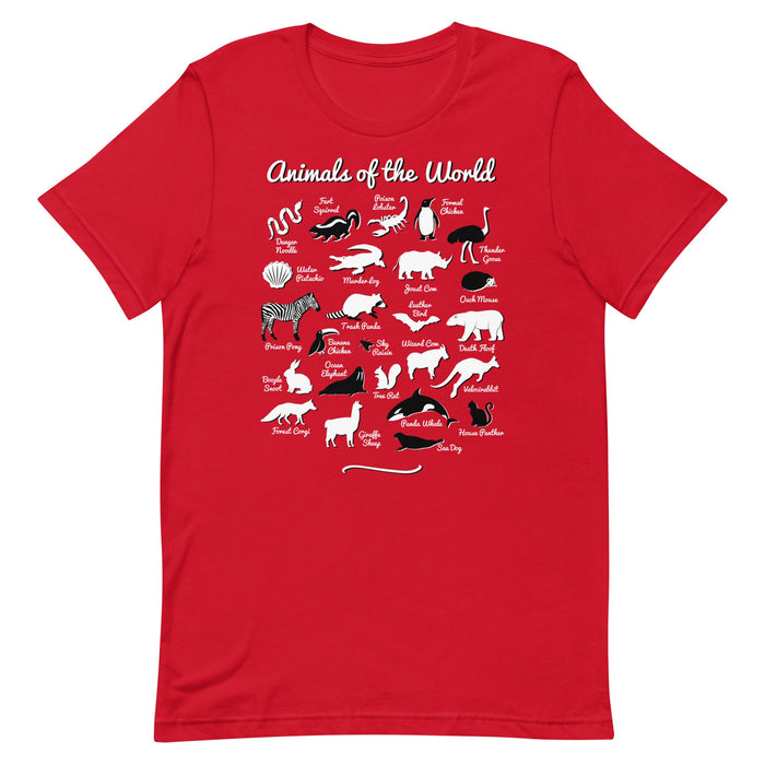 red "Animals of the World" t-shirt showcasing amusing nicknames for 25 animals in a comfortable and stylish design.