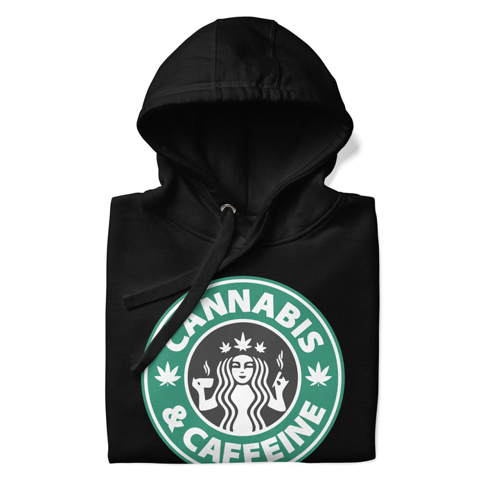 Folded Black Stoner Hoodie with Cannabis & Caffeine Coffee Shop Logo Print
