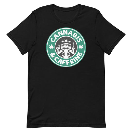 Cannabis & Caffeine - Black T-Shirt - Starbucks Parody for Stoners