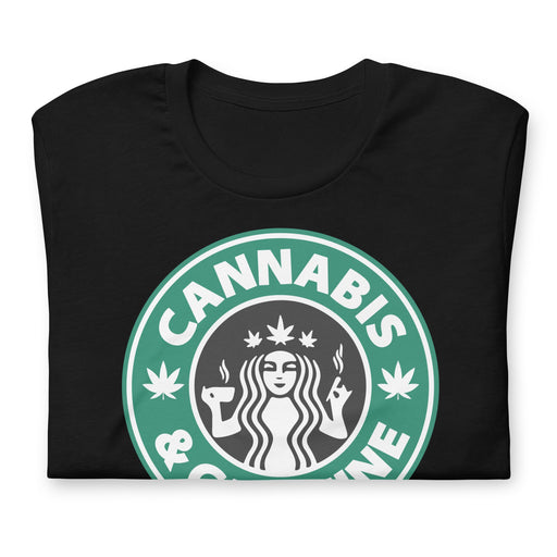 Folded Cannabis & Caffeine - Black T-Shirt - Starbucks Parody for Stoners