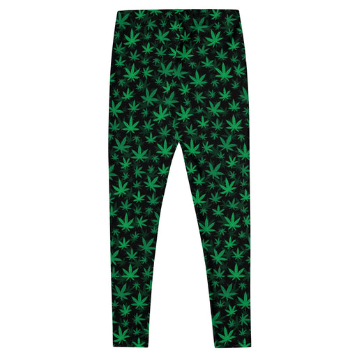 A pair of leggings with a green and black seamless all over cannabis leaf pattern
