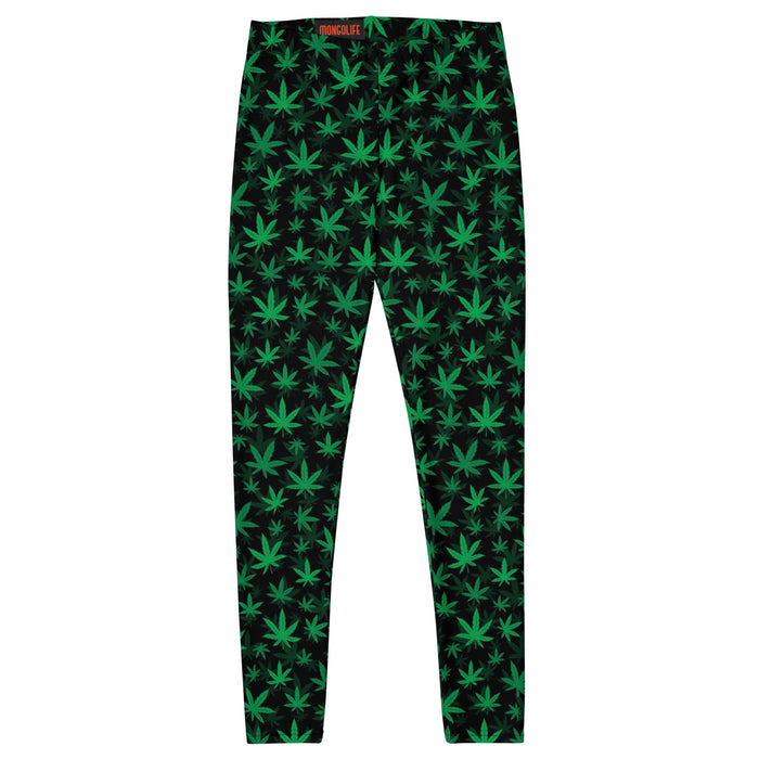 A pair of leggings with a green and black seamless all over cannabis leaf pattern - front view