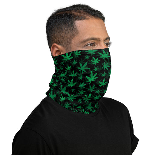 Sleek Cannabis Leaves Neck Gaiter featuring a vivid green cannabis leaf pattern on a black background, combining style with comfort and versatility.