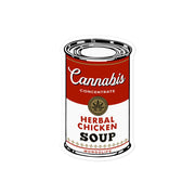 Witty Cannabis Campbell's Soup Sticker, echoing Warhol's iconic design with a unique chicken soup concentrate and cannabis theme.