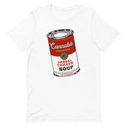 Cannabis Soup White T-Shirt featuring a parody of Campbell's Soup in a herbal chicken concentrate design.