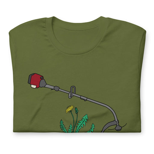 Dads Against Weed T-Shirt - Weed Whacker and Dandelions - Olive Green Color - Folded version