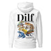 "Damn I Love Frogs" hoodie in White, showcasing a vibrant frog design and the playful DILF text.
