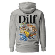 "Damn I Love Frogs" hoodie in Heather Dust, showcasing a vibrant frog design and the playful DILF text.